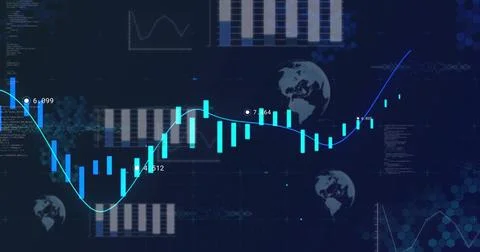 Displaying candlestick chart on dark dashboard, showing cyan bars, blue trend Illustrazione stock
