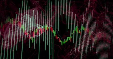 Displaying candlestick chart evolving on digital interface, with green bars and Stock Illustration