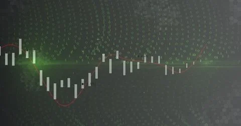Displaying candlestick chart featuring red trend line on screen, with binary Stock Illustration
