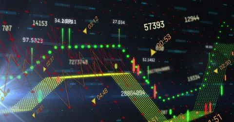 Displaying candlestick chart featuring trend lines, red markers and numeric Stock Photos
