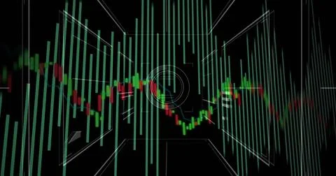 Displaying candlestick chart with histogram bars scrolling over grid on Stock Illustration