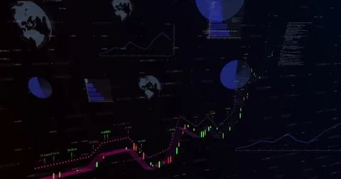Displaying candlestick chart moving across trading dashboard with magenta ribbon Stock-Illustration
