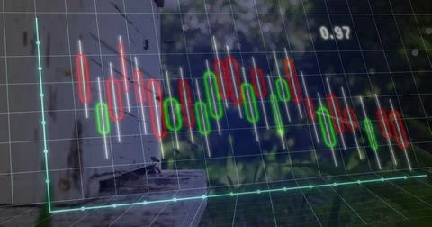 Displaying candlestick chart overlay floating in garden with green red bars, Foto stock