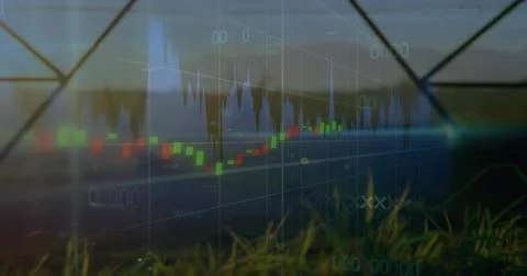 Displaying candlestick chart overlay over grassy foreground and glass dome, with 写真素材