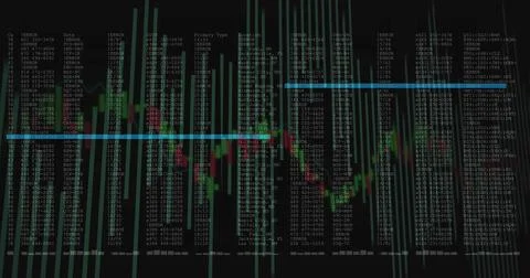 Displaying candlestick chart overlaying data columns on monitor, with blue 스톡 일러스트