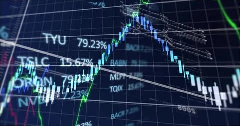 Displaying candlestick chart peaking then declining on trading dashboard, with Stock Illustration