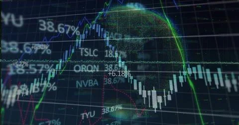 Displaying candlestick chart with pixelated data globe on trading display, 스톡 일러스트