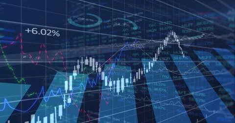 Displaying candlestick chart rising at trading interface, with ticker symbols Stock Photos
