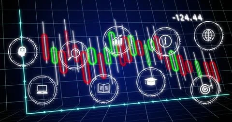 Displaying candlestick chart running on 3D grid with dashed icon markers, cyan Stock Photos