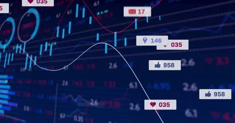 Displaying candlestick chart showing financial data with trend line on Stock Illustration