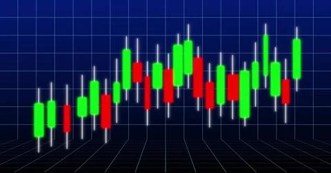 Displaying candlestick chart showing green and red bars on dark blue neon gri Illustrazione stock