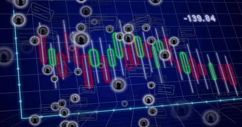 Displaying candlestick chart sloping on dark blue grid plane, showing cyan line, Illustration