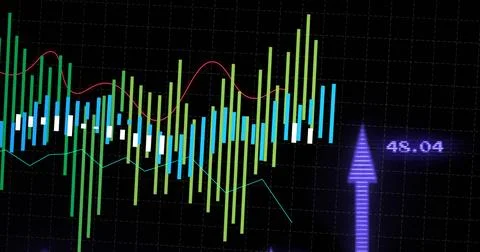 Displaying candlestick chart on trading dashboard, showing red cyan lines, 스톡 일러스트