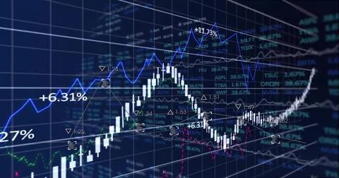Displaying candlestick chart on trading interface with arrows, trendlines and Stock Photos