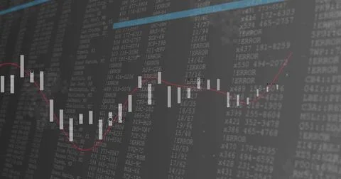 Displaying candlestick chart on trading screen, showing white bars, red trend, イラスト素材