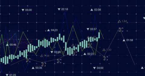 Displaying candlestick chart on trading screen, showing cyan bars, green and Stock Illustration