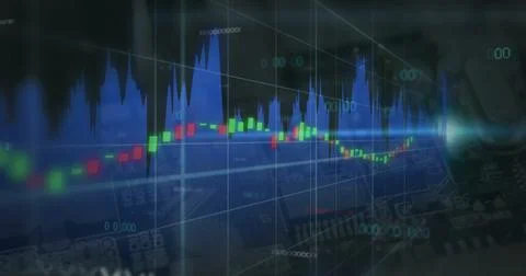 Displaying candlestick chart updating on screen, with candles, blue peaks, 3D 스톡 일러스트