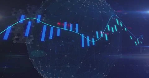 Displaying candlestick cluster tracing turquoise trend line in virtual UI, with Stock Illustration