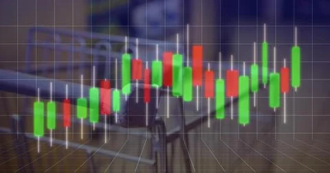 Displaying candlestick financial chart with 3D grid over modern office desk, 写真素材