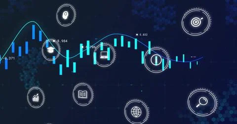 Displaying candlestick graph in dashboard with circular education and research 스톡 일러스트