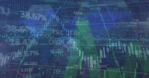Displaying candlestick line graphs, dotted trend lines, %  and  TSLC ORON on Stock Photos