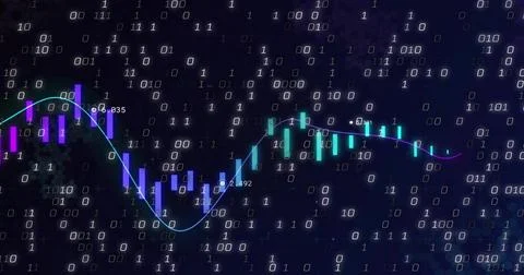 Displaying candlesticks and glowing line moving across dashboard with binary Stock Illustration