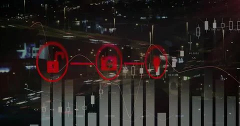 Displaying candlesticks and red line on night highway light trails, showing Stock Photos