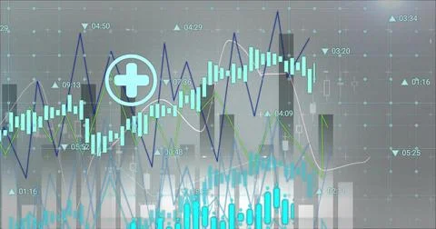 Displaying candlesticks histogram lines triangle markers time labels plus icon Stock Illustration