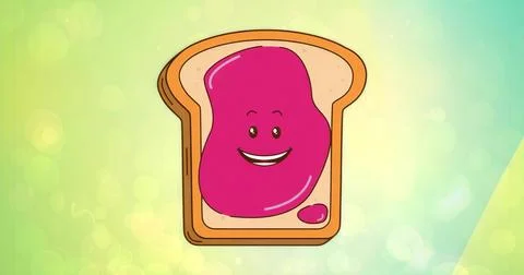 Displaying cartoon bread slice showing smiling pink jam face on gradient back イラスト素材