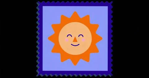 Displaying cartoon sun smiling in light purple square with dark purple scalloped 스톡 일러스트
