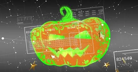 Displaying carved jack-o'-lantern glowing neon rim at studio, with HUD panels Stock Illustration