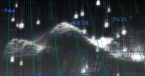 Displaying cascading binary streams forming lit mounds on teal grid in space, 写真素材