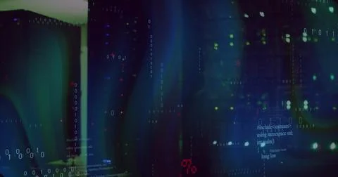 Displaying cascading digital code overlay in server room, featuring server racks Stock Photos