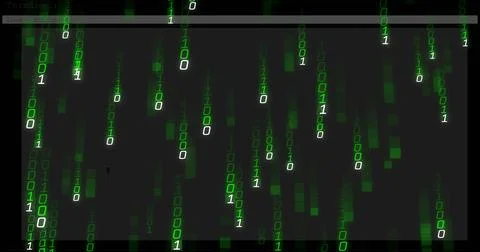 Displaying cascading green binary digits falling over gray terminal title bar, Stock Photos