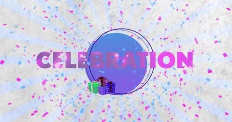 Displaying CELEBRATION word over blue badge on paper background, with gifts, Stock Illustration