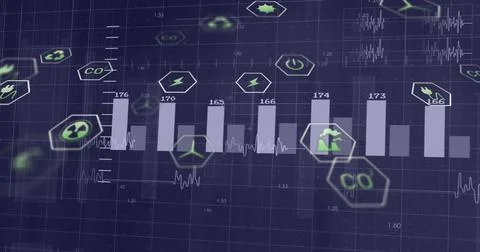 Displaying center bar chart showing number labels and waveform traces at Stock Photos