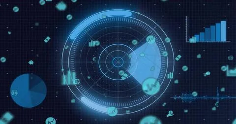 Displaying center circular radar HUD on grid, showing pie chart, bar chart, Stock Illustration