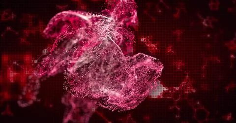 Displaying center magenta particle cloud pulsing in digital visualization, with Illustrazione stock