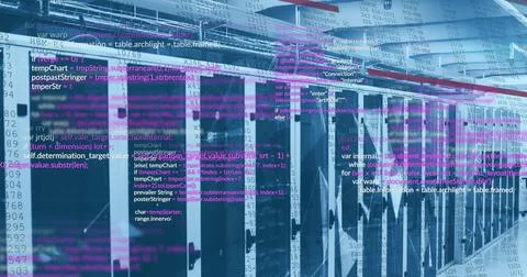 Displaying center row of server racks in data center aisle, revealing blades, 写真素材