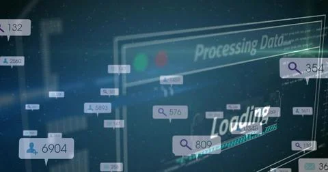 Displaying center UI panel showing Processing Data and loading bar on teal Stock Illustration
