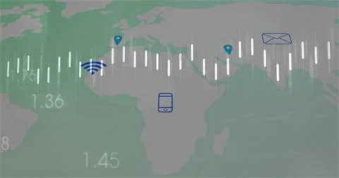 Displaying center vertical bar data on digital dashboard, world map, numbers, Illustrazione stock