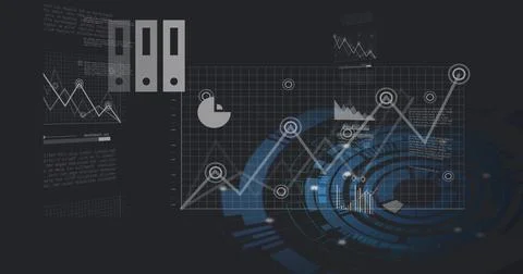 Displaying center visual showing jagged line chart with node markers and ringed Stock Photos