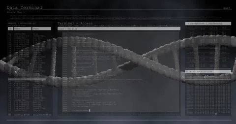 Displaying centered 3D DNA helix spanning secure data terminal screen, with イラスト素材