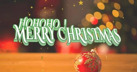 Displaying centered 3D holiday text dominating on wooden tabletop, with red Stock Illustration