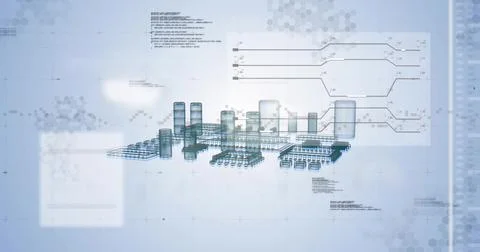 Displaying centered 3D plant schematic on light-blue grid, showing tanks, Stock Illustration