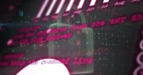 Displaying centered 3D wireframe padlock hologram floating in HUD, showing 스톡 사진
