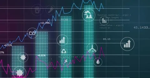 Displaying centered analytics dashboard on dark screen with cyan bars, trend  Stock Illustration