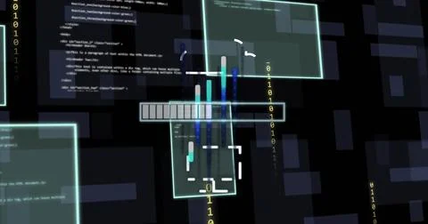 Displaying centered aqua dashboard panel showing segmented bar, code blocks, Stockillustratie