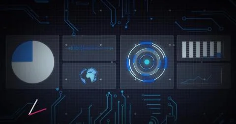 Displaying centered array of six data panels on HUD, showing blue charts and Fotos de archivo