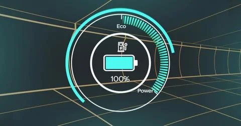 Displaying centered battery gauge in dark teal tunnel showing 100% charge, Stock Illustration